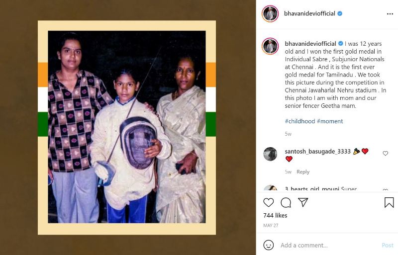 The screenshot of Bhavani Devis's Instagram post (when she won her first gold medal in Individual Sabre at the age of 12)