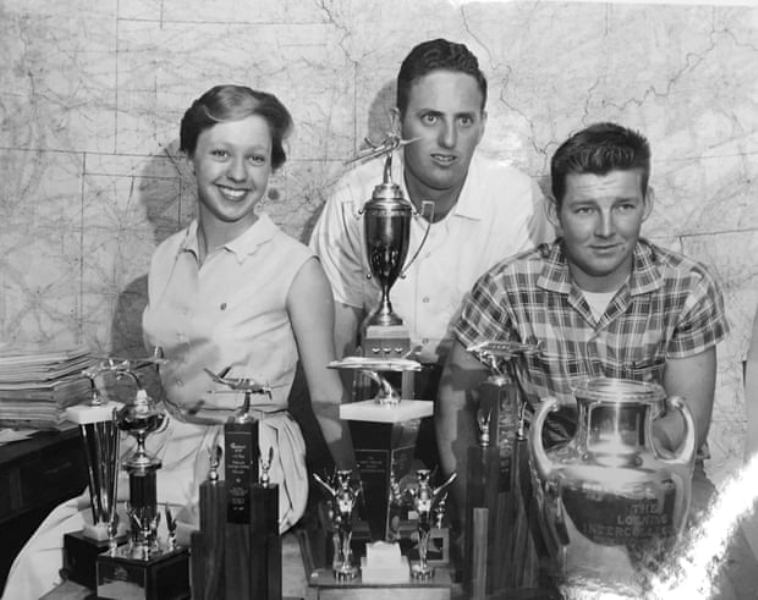 Wally Funk and two other members of the Flying Aggies with their silverware in 1959