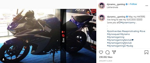 Aaditya Sawant (Dynamo Gaming)'s Instagram post about his motorcycle