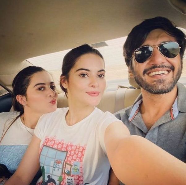 Ahsan Mohsin Ikram with Minal and her twin sister Aiman Khan