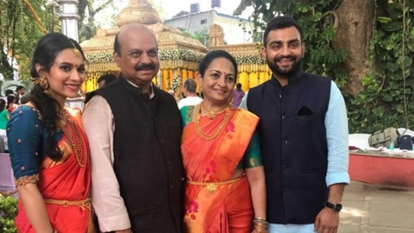 Basavaraj Bommai with his wife, Chennamma, and his children, Bharat and Aditi