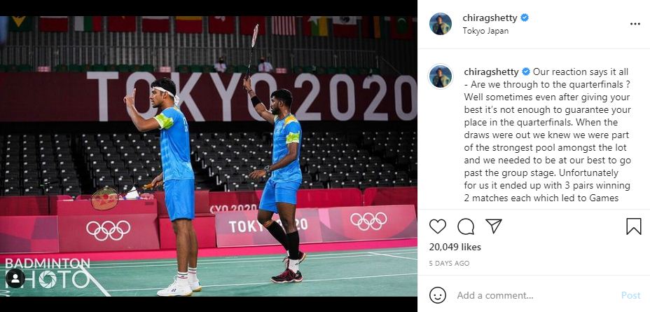 Chirag Shetty's post Olympic post on his Instagram account
