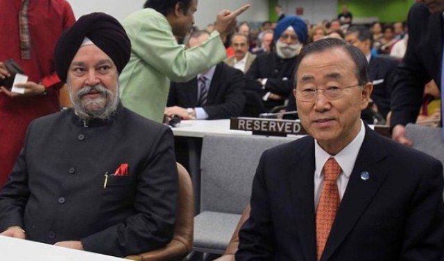 Hardeep Singh Puri, as a Permanent Representative of India to the United Nations, with the former Secretary-General of the United Nations Ban Ki-moon