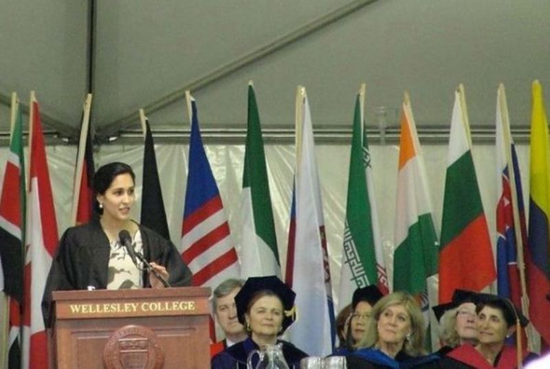 Mira Sethi delivering a speech in her university name Wellesley College