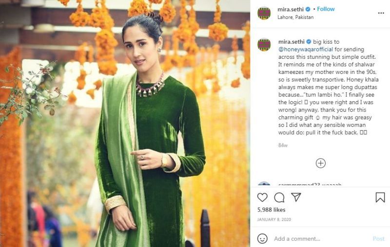 Mira Sethi's Instagram post promoting an ethnic wear brand