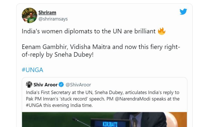 A Tweet while supporting Sneha Dubey's speech at United Nations against Pakistan