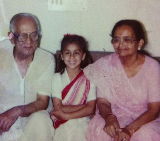A childhood picture of Karuna Ezara Parikh with her grandparents