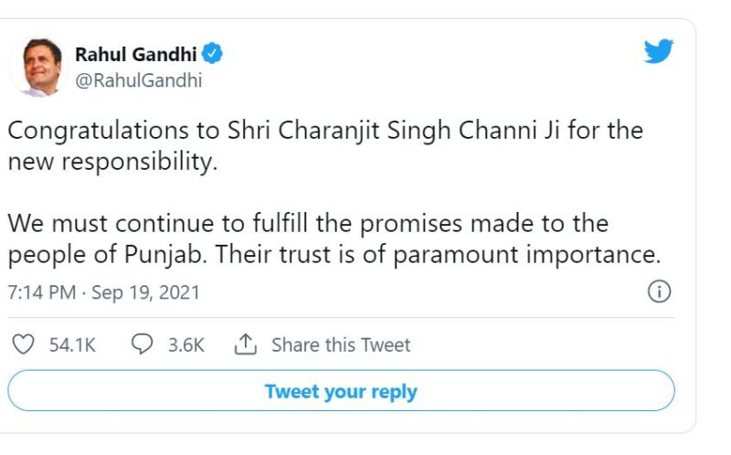 A congratulations Tweet by Rahul Gandhi for Charanjit Singh Channi