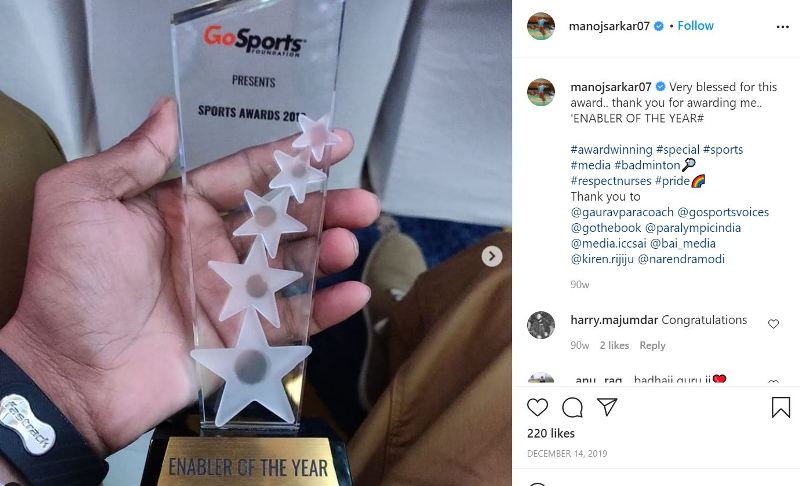 A screenshot of the Instagram picture of Manoj Sarkar while showing his Enabler of the Year trophy in 2019