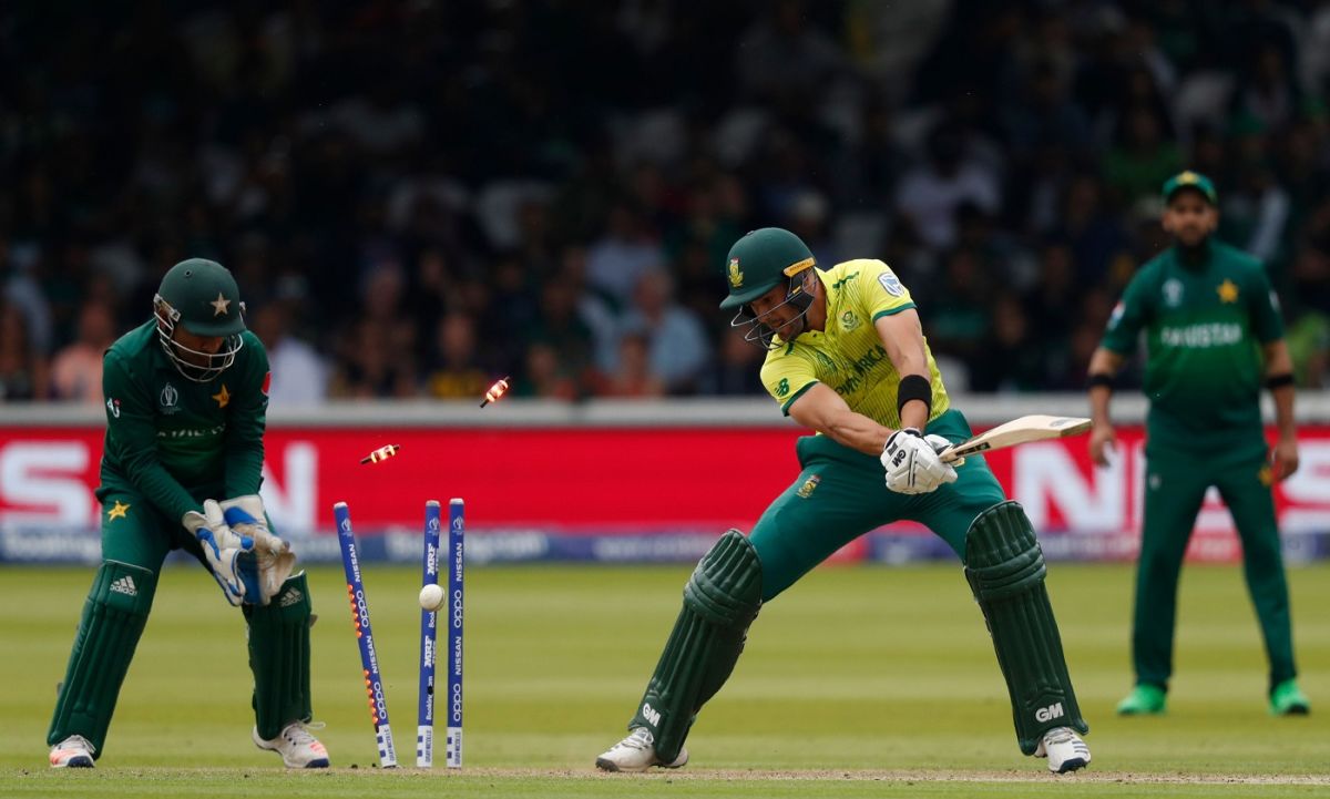 Aiden Markram getting bowled by Shadab Khan during the ICC World Cup 2019