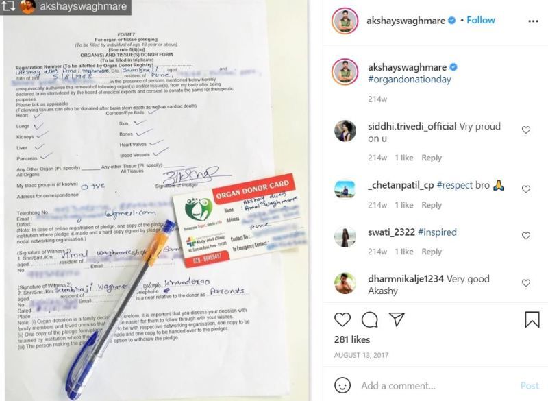 Akshay Waghmare’s organ donation certificate that he shared on his Instagram post