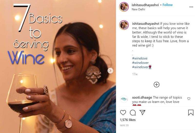 An Instagram post by Ishita with a caption that she likes to drink wine