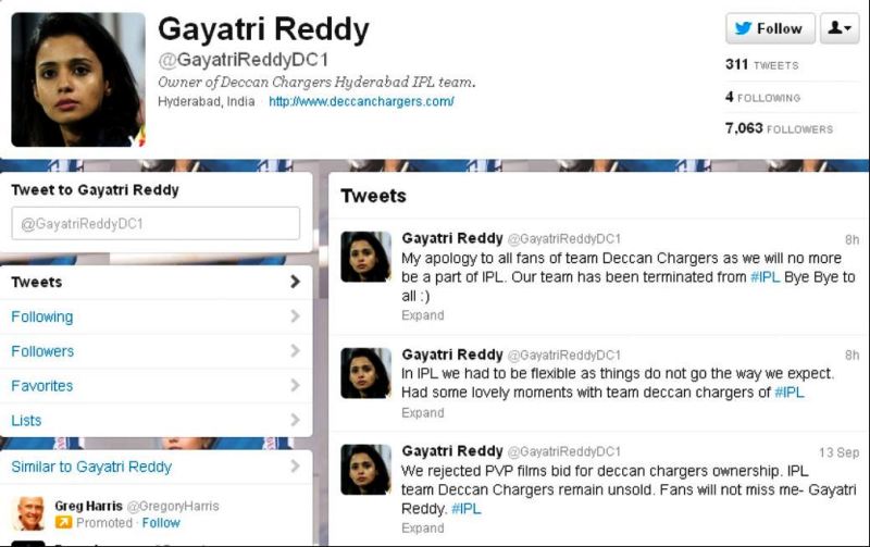 Gayatri Reddy on termination of Deccan Chargers