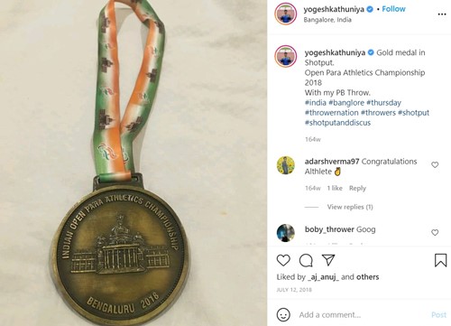 Instagram post of Yogesh Kathuniya about the gold medal