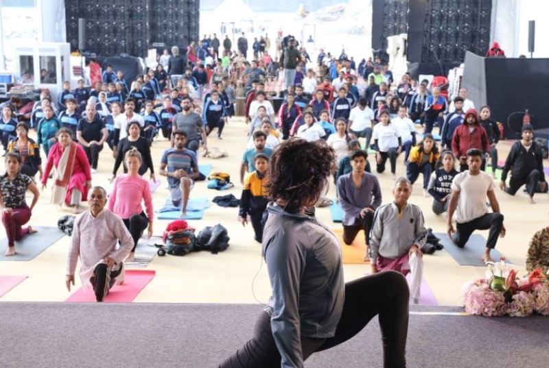 Natasha Noel while instructing yoga at International Yoga Festival 2020