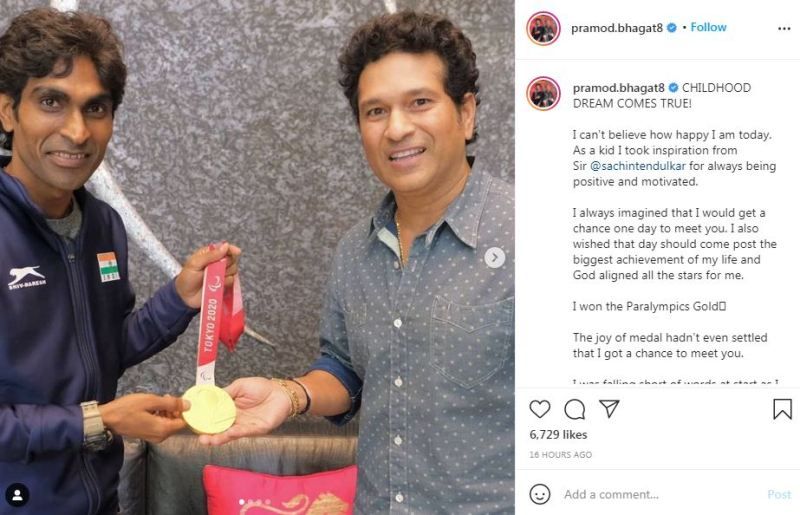 Pramod Bhagat's Instagram post he shared after meeting the legandry Sachin Tendulkar