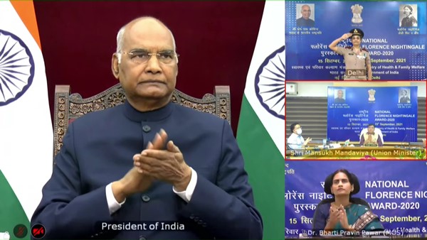 President Ram Nath Kovind presenting the award to Brig. SV Saraswati through video conferencing
