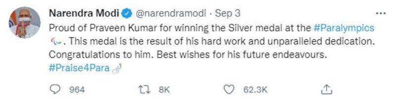 Prime Minister Narendra Modi's tweet congratulating Praveen Kumar on winning a Bronze medal at the 2020 Tokyo Paralympics