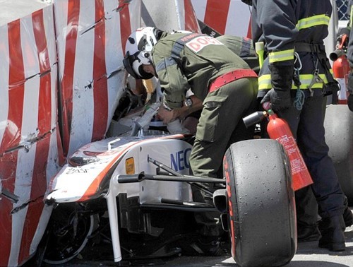 Sergio Perez's car after the crash at Monaco Grand Prix