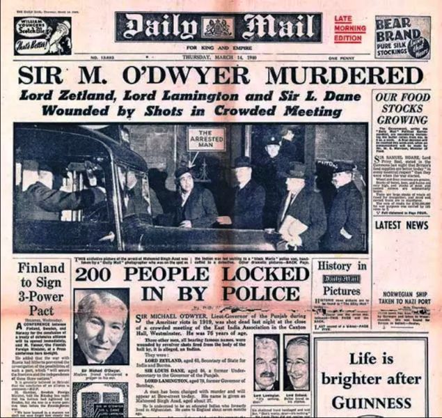 A newspaper reporting shooting at Caxton Hall by Udham Singh or Mohamed Singh Azad