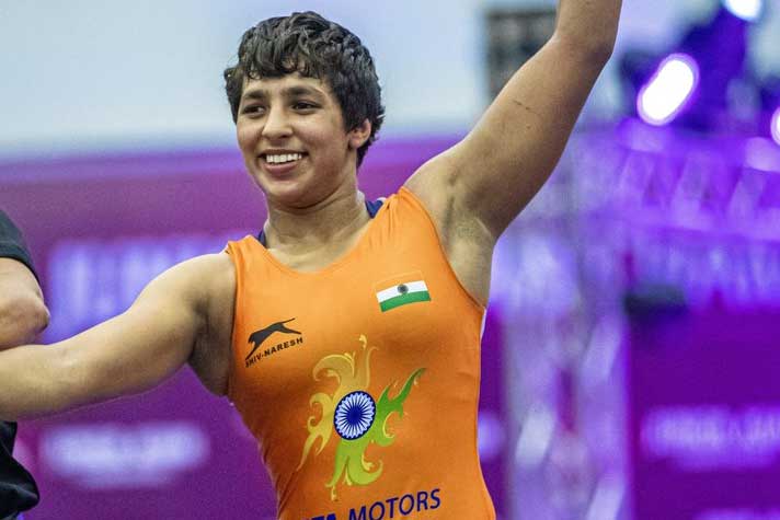 Anshu Malik after defeating Uzbekistan's Akhmedova 12-2 in semifinals of the 57kg division at the Asian Olympic qualifiers