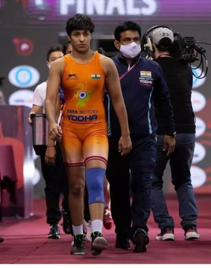 Anshu Malik after winning the silver medal at the World Wrestling Championships 2021 finals