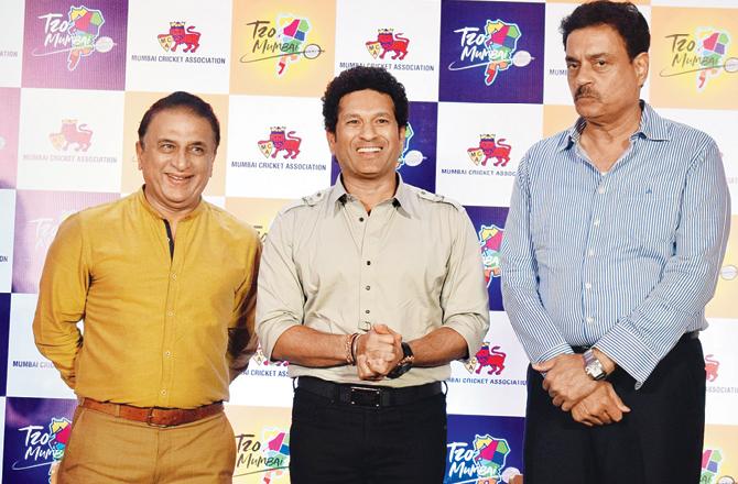Dilip Vengsarkar with Sachin Tendulkar and Sunil Gavaskar during the launch of Mumbai Cricket League (MCL) series
