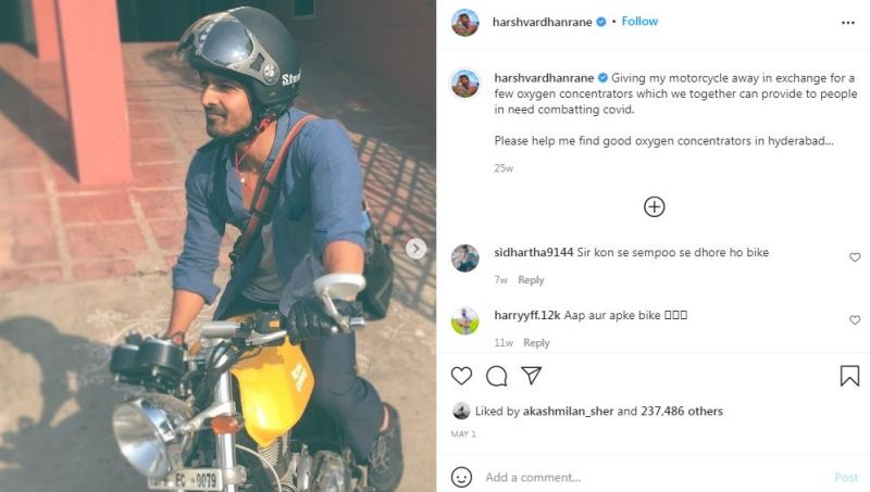 Harshvardhan`s Instagram post about bike donation
