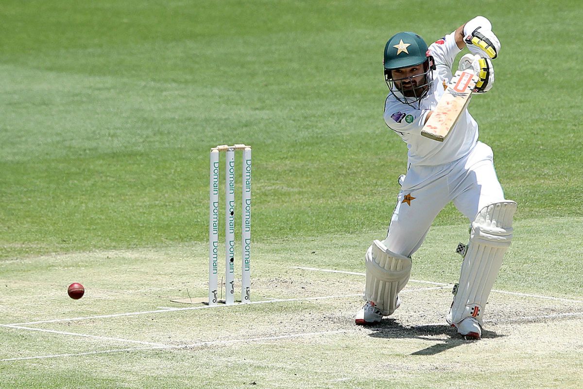 Mohammad Rizwan playing a drive during his inning of 95 runs
