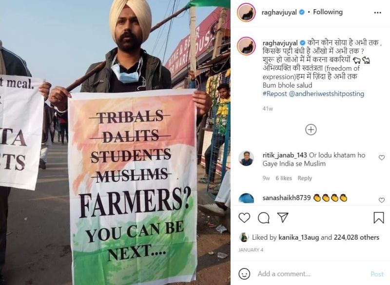 Raghav Juyal's Instagram post supporting Farmer's protest