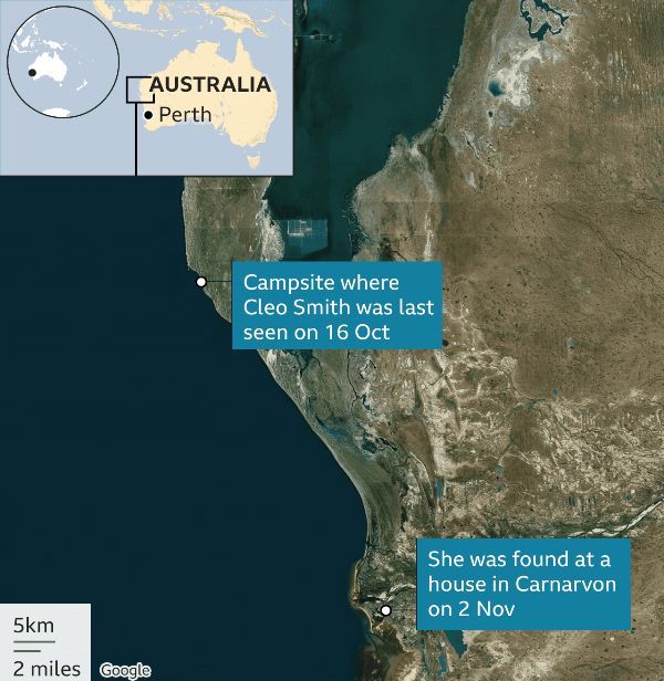 A Google map showing Cleo Smith's disappearance and rescue sites