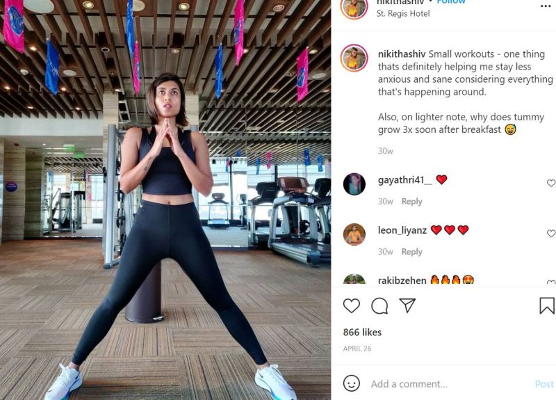 A post Instagrammed by Nikitha Shiv while working out at a gym
