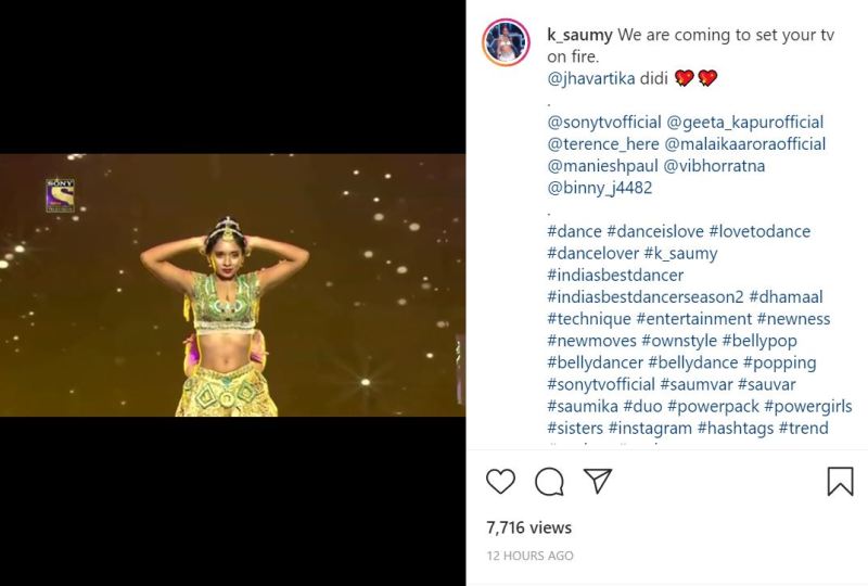 A post Instagrammed by Saumya while performing on the sets of India's Best Dancer Season 2 in 2021