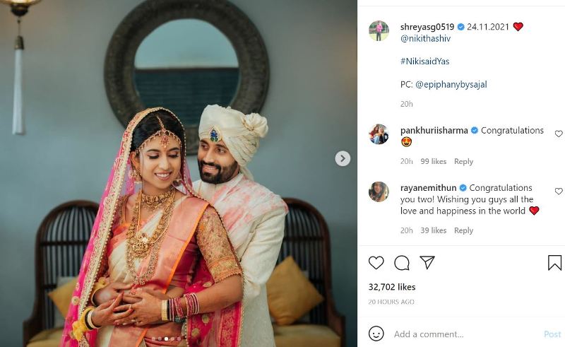 A post Instagrammed by Shreyas Gopal after his marriage