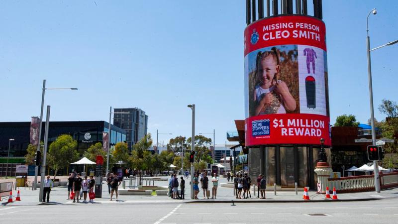 A sign offering a $1 million reward for information on missing girl Cleo Smith on a digital tower in Yagan Square in Perth, on October 30