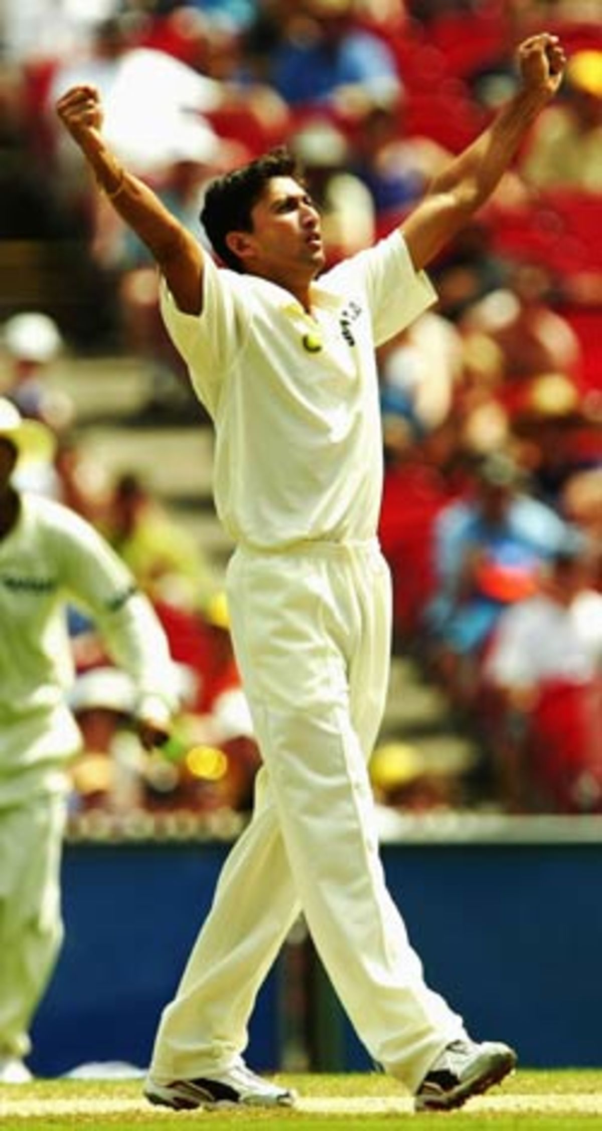 Ajit Agarkar celebrates after taking a wicket against Australia in December 2003