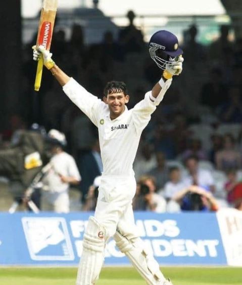 Agarkar raising his bat after scoring a century at Lords