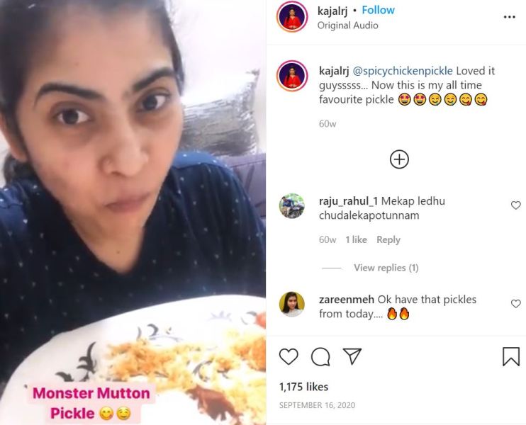An Instagram post of Kajal while eating mutton pickle