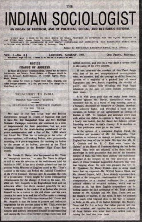 Front page of Indian Sociologist journal in London in September 1908