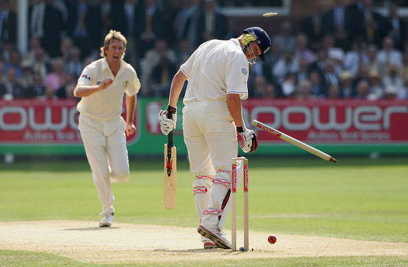 Mcgrath celebrates after taking a wicket of Andrew Flintoff during 2005 Ashes