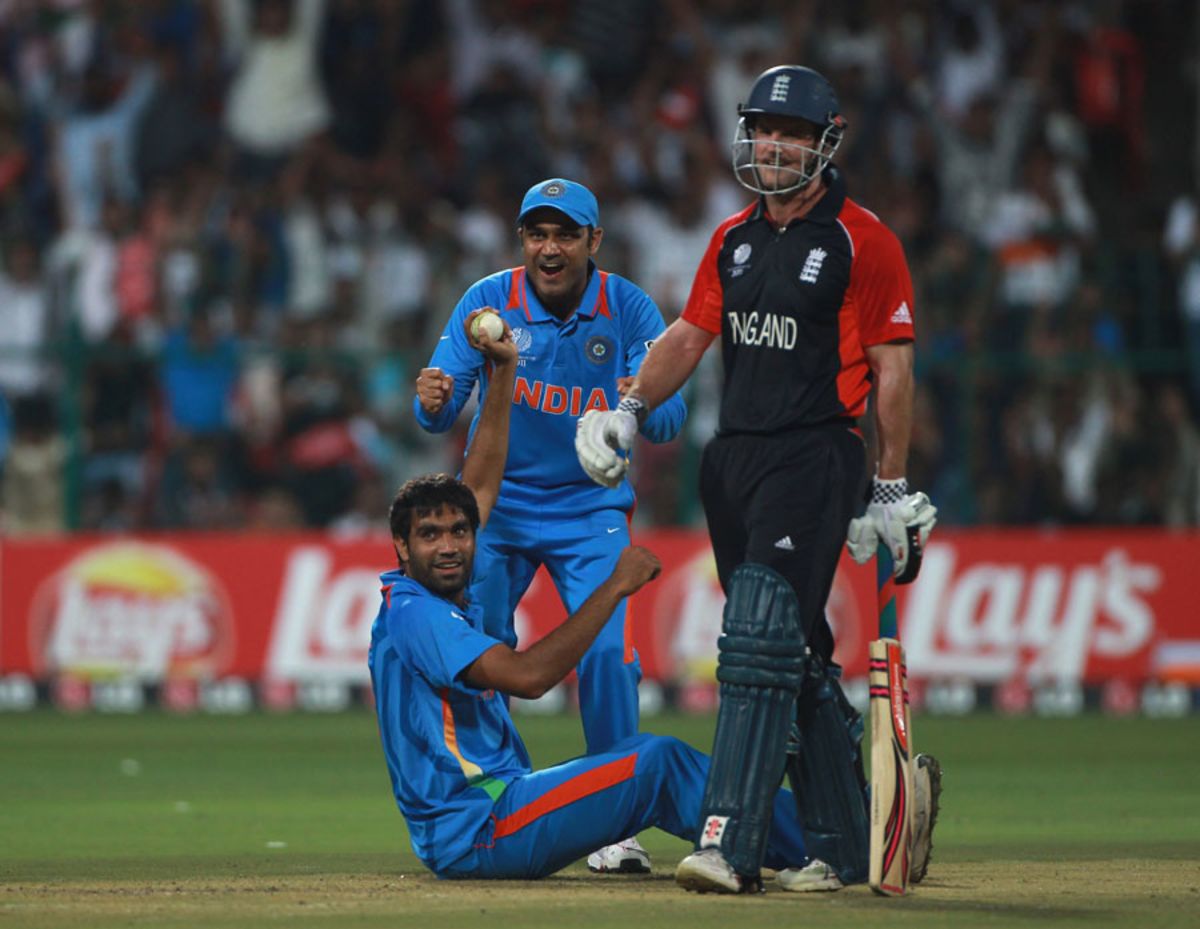 Munaf Patel after dismissing Kevin Peterson caught and bowled during 2011 World Cup
