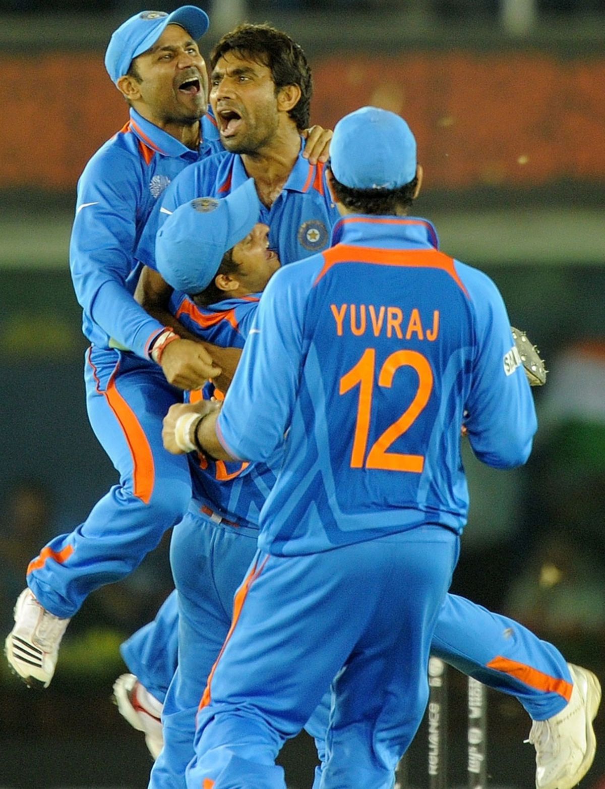 Munaf Patel after taking a wicket in a match between India and Pakistan in the 2011 World Cup Semi-finals at Mohali (Punjab)
