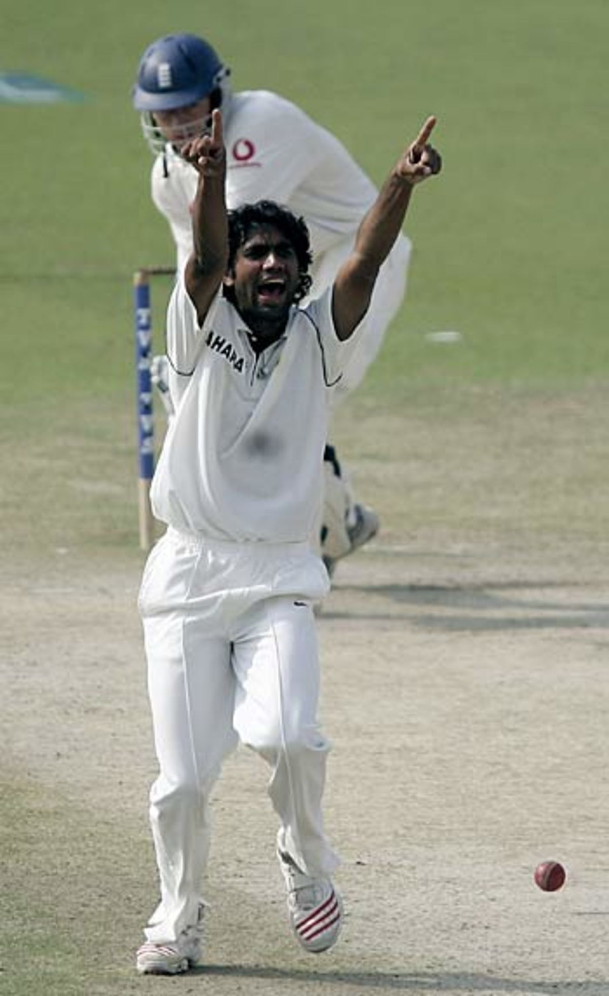 Munaf Patel appealing for LBW against Liam Plunkett during a 2nd test at Mohali (Punjab)