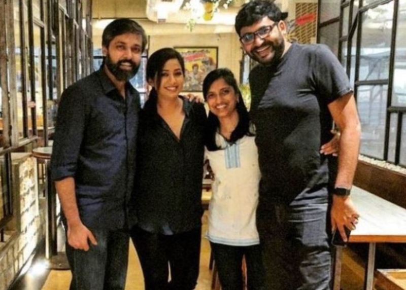 Parag Agrawal (extreme right) with his wife while posing with Shreya Ghoshal (second from left) and her husband