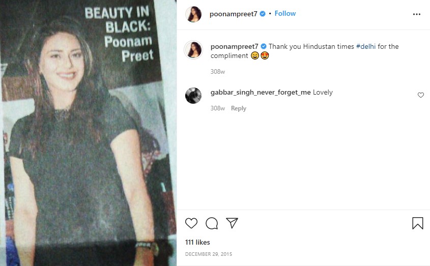 Poonam`s Instagram post about featuring in Hindustan Times