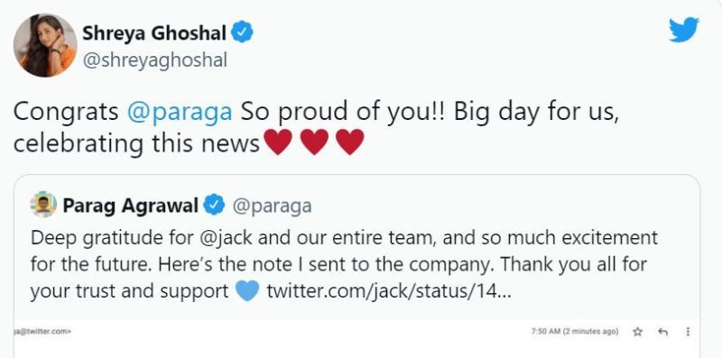 Shreya Ghoshal's Twitter post while congratulating Parag Agrawal