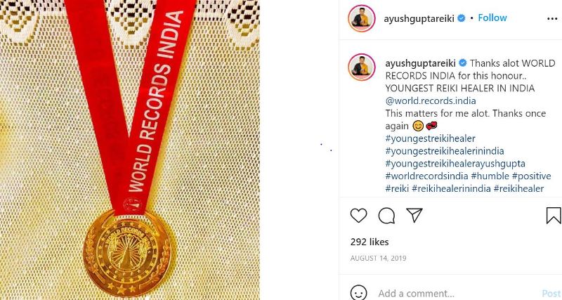 A snip of the medal won by Ayush Gupta presented to him by World Records India