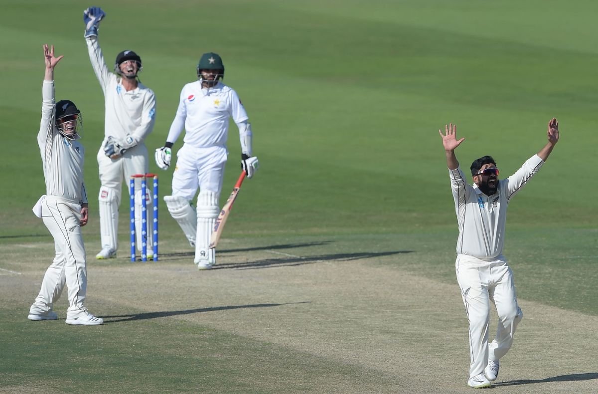 Ajaz Patel appeals successfully for LBW against Azhar Ali during his debut test match at Abu Dhabi in November 2018