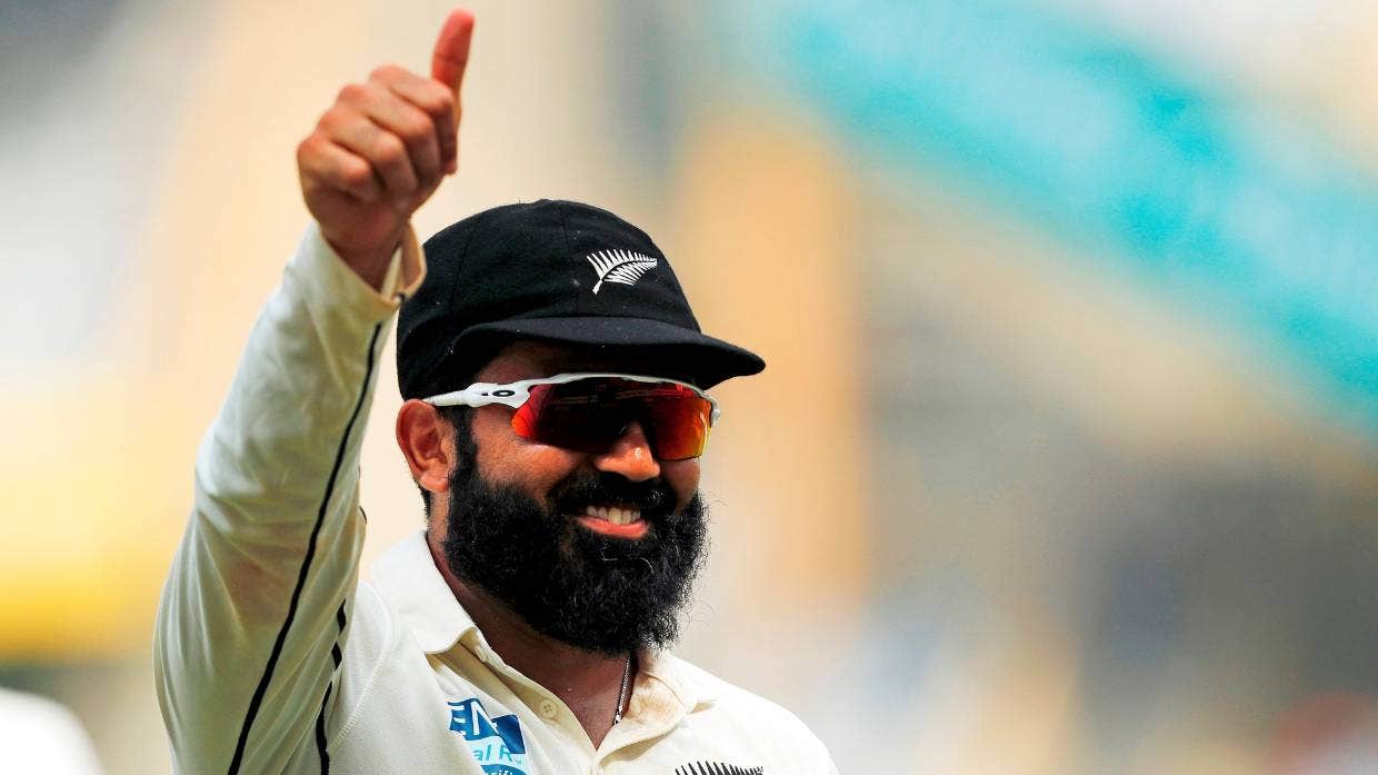 Ajaz Patel giving thumps up after taking 10 wickets in an inning against India in December 2021 at Wankhede Stadium (Mumbai)