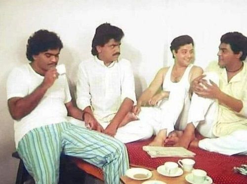 Laxmikant Berde, Ashok Saraf, and Sachin Pilgaonkar on the sets of Ashi Hi Banwa Banwi